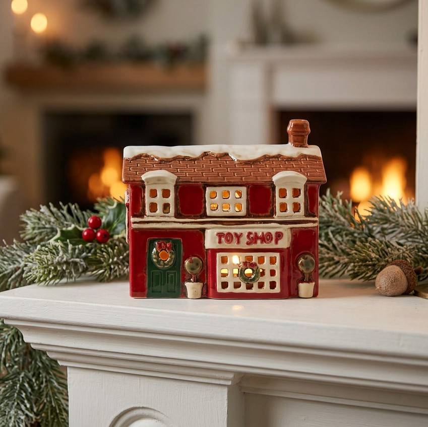A small red Christmas toy shop figurine sits on a white fireplace mantel decorated with green pine branches, a lit candle in a brass holder, and a blurred holiday living room in the background.