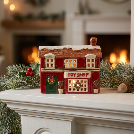 A small red Christmas toy shop figurine sits on a white fireplace mantel decorated with green pine branches, a lit candle in a brass holder, and a blurred holiday living room in the background.