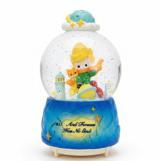 A decorative snow globe figurine featuring a small character in a green outfit inside a clear globe with white glitter, mounted on a blue base with gold stars and the text 'And Forever Has No End'.
