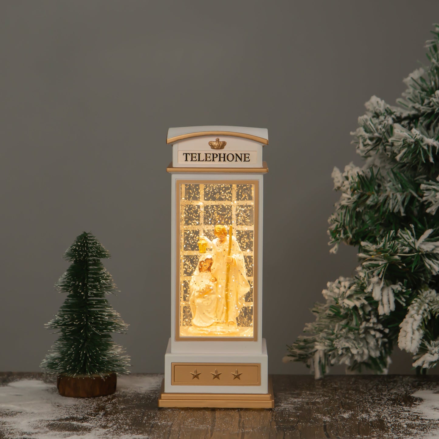 telephone booth Christmas snow globe nativity