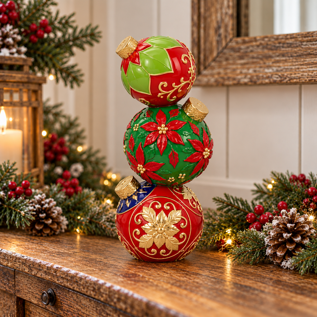 Three stacked Christmas ornament decorations with red, green, and gold holiday patterns, displayed on a wooden table surrounded by pine branches, pinecones, and warm string lights.