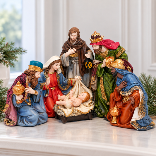 A colorful Christmas nativity scene figurine set on a white mantel. The set includes Mary, Joseph, baby Jesus in a manger, and three wise men (kingdoms) in ornate robes of blue, green, red, and gold, with pine branches on either side.