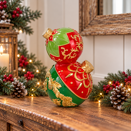 A decorative stacked Christmas ornament set with red and green baubles and gold ornamental detailing, displayed on a wooden surface with holiday greenery, pinecones, and warm string lights in the background.