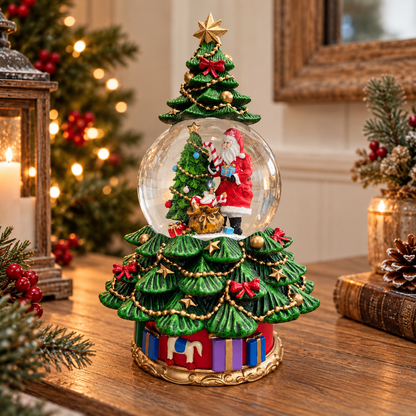 A festive Christmas snow globe centerpiece displayed on a wooden table. The clear glass globe contains Santa Claus and a miniature Christmas tree, surrounded by a green tiered tree base decorated with gold tinsel, red bows, and gift boxes.