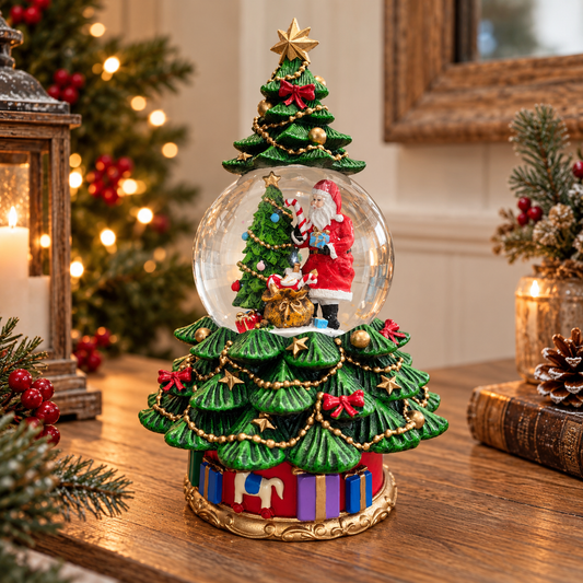 A festive Christmas snow globe centerpiece displayed on a wooden table. The clear glass globe contains Santa Claus and a miniature Christmas tree, surrounded by a green tiered tree base decorated with gold tinsel, red bows, and gift boxes.