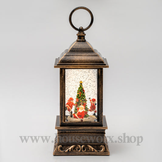Decorative lantern with a Christmas scene inside on a white background 360 degree rotating santa snow globe