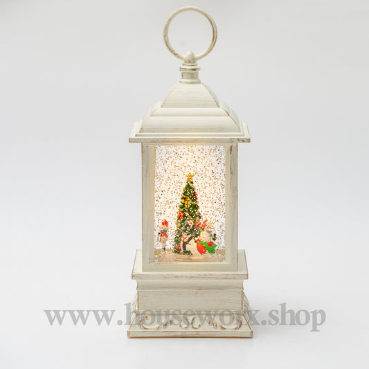 Decorative lantern with a Christmas scene inside on a white background 360 degree rotatng snowman christmas snow globe