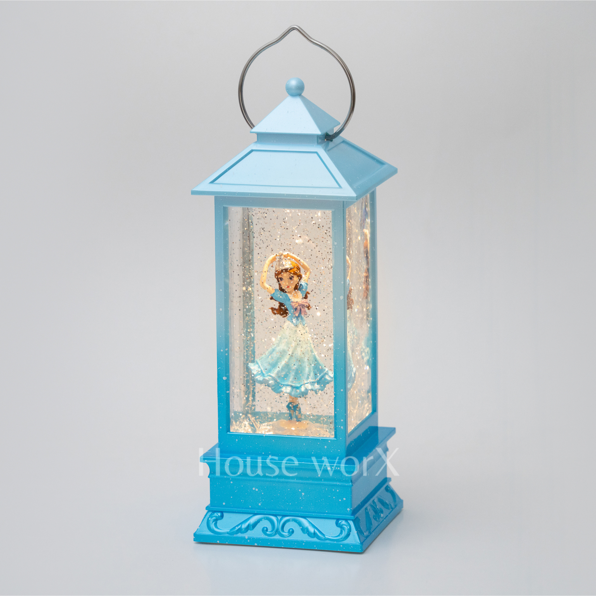 Blue lantern with a princess figure inside on a light gray background snow globe