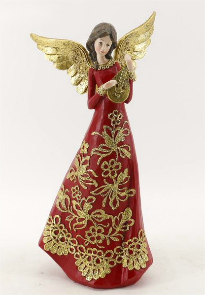 A red and gold angel figurine with gold wings and a long red gown decorated with gold floral patterns, standing against a plain white background.
