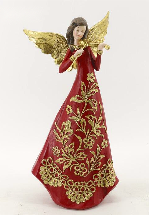 An angel figurine with gold wings and a long red gown decorated with gold floral patterns, holding a gold staff, set against a plain white background.