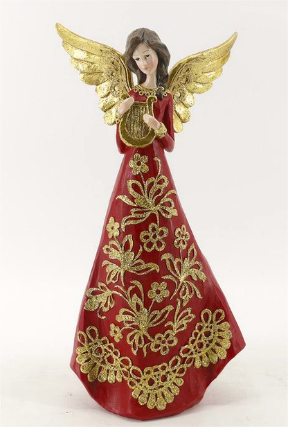 An angel figurine with gold wings and a red gown decorated with gold floral patterns, holding a gold harp.