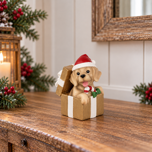 A decorative figurine of a golden retriever puppy sitting in an open gift box, wearing a red Santa hat and holding a candy cane, displayed on a wooden table with holiday decorations in the background.
