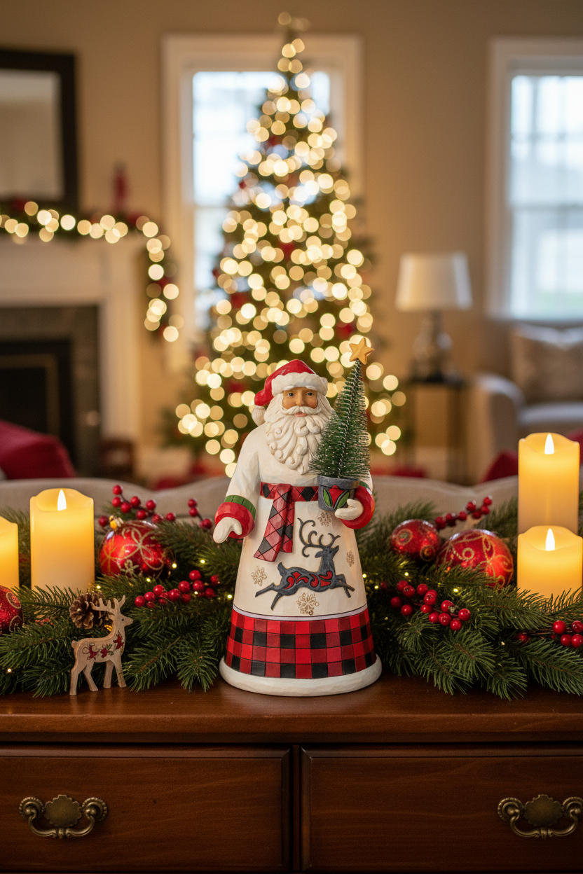 A Santa Claus Christmas figurine holding a small green tree with a gold star on top. The figurine features a white robe with red and black plaid accents, a red and black plaid belt, a gray reindeer design, and is set against a plain white background.