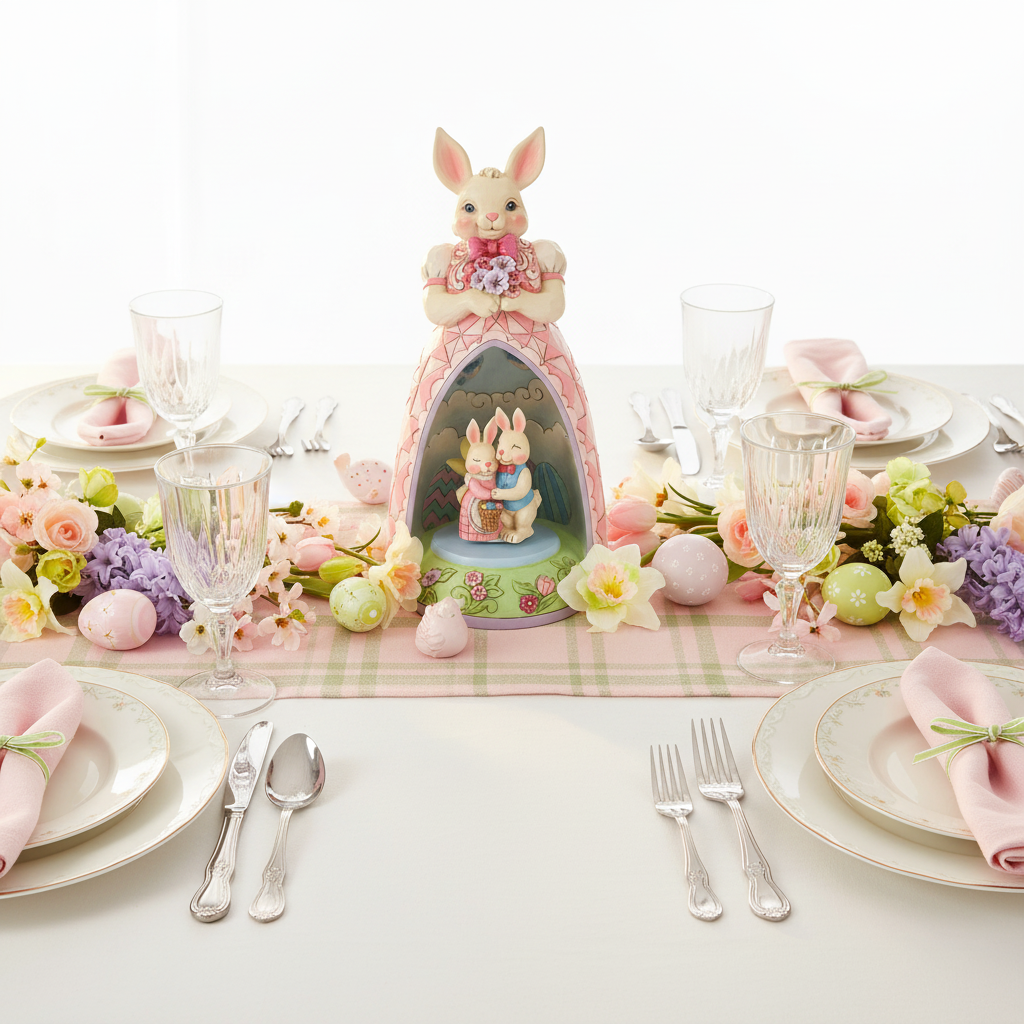 A decorative Easter figurine featuring a large cream-colored bunny in a pink patterned dress holding a bouquet of flowers, with a smaller bunny and fairy scene displayed inside an arched window-like inset on a white background.