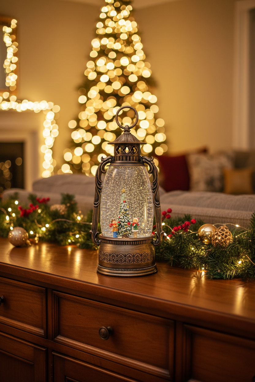 A decorative lantern with a snow globe design sits on a wooden console table in a cozy living room setting, surrounded by holiday garlands and a blurred Christmas tree in the background.