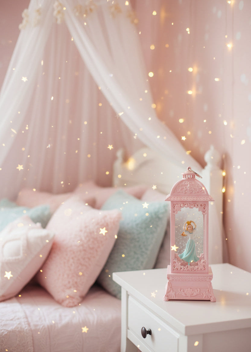 A pink decorative lantern-shaped ornament featuring a small figurine of Cinderella in a blue dress inside, 