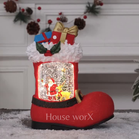 Decorative Christmas stocking with a snow globe and festive elements,  Snow Globe