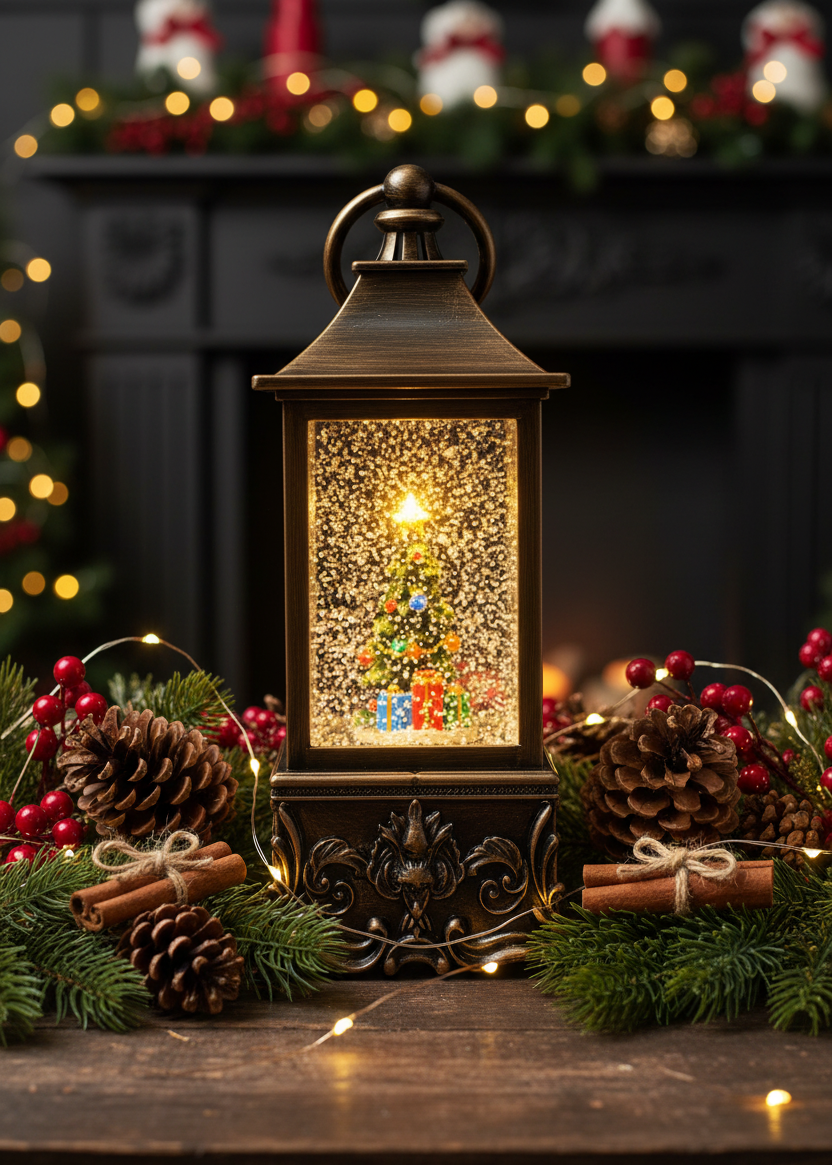 A decorative bronze lantern with a glowing Christmas tree scene inside, styled on a wooden surface with pinecones, cinnamon sticks, evergreen branches, and warm fairy lights in front of a dark fireplace mantel.