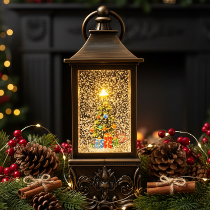 A decorative bronze lantern with a glowing Christmas tree scene inside, styled on a wooden surface with pinecones, cinnamon sticks, evergreen branches, and warm fairy lights in front of a dark fireplace mantel.