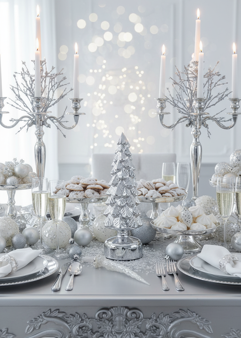 An elegant holiday table setting in a bright white dining room, featuring silver candelabras with lit taper candles, a small silver Christmas tree centerpiece, white and silver ornaments, plates with folded white napkins, and pastries on glass stands.