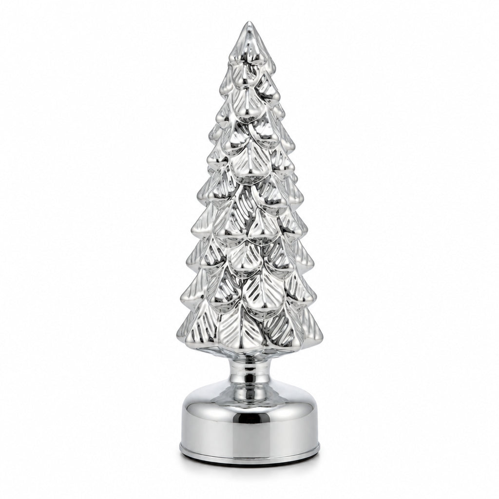 A small silver metallic Christmas tree ornament with a textured, layered pine design on a round silver base, shown against a plain white background.