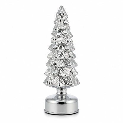 A small silver metallic Christmas tree ornament with a textured, layered pine design on a round silver base, shown against a plain white background.