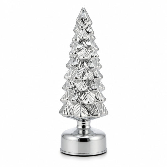A small silver metallic Christmas tree ornament with a textured, layered pine design on a round silver base, shown against a plain white background.