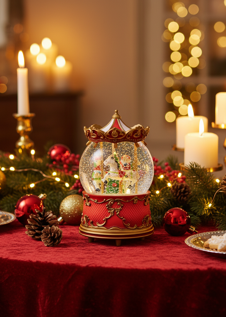 A festive red and gold carousel snow globe with miniature Christmas decorations inside, set against a warm bokeh holiday background. The image is framed in a circular badge with a price label below reading 'Regal Carousel $49.