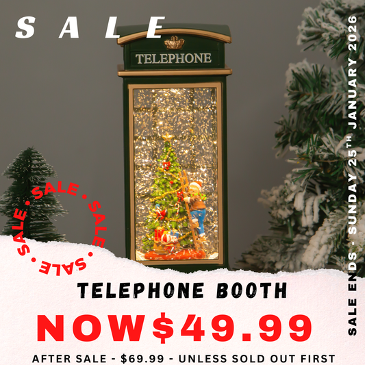 Decorative telephone booth with Christmas scene, surrounded by snow and trees, on a sale advertisement.