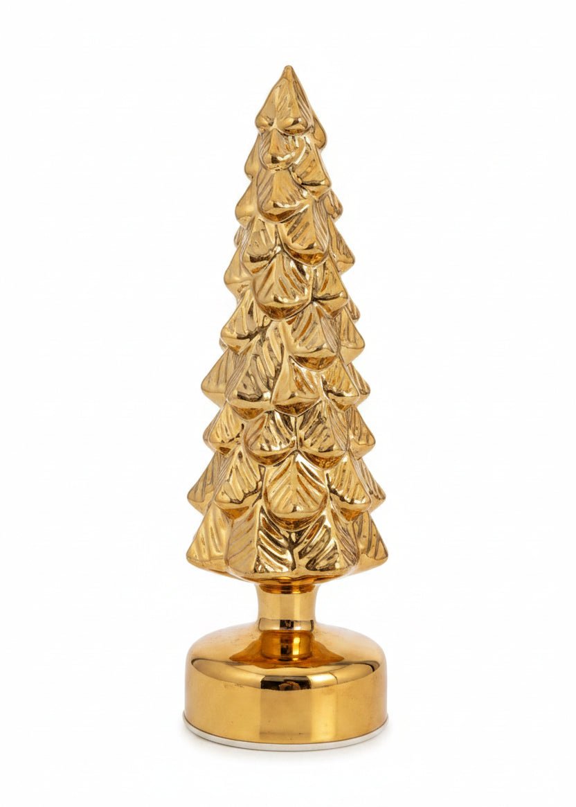 A small metallic gold Christmas tree ornament with a textured pine design and a round reflective base