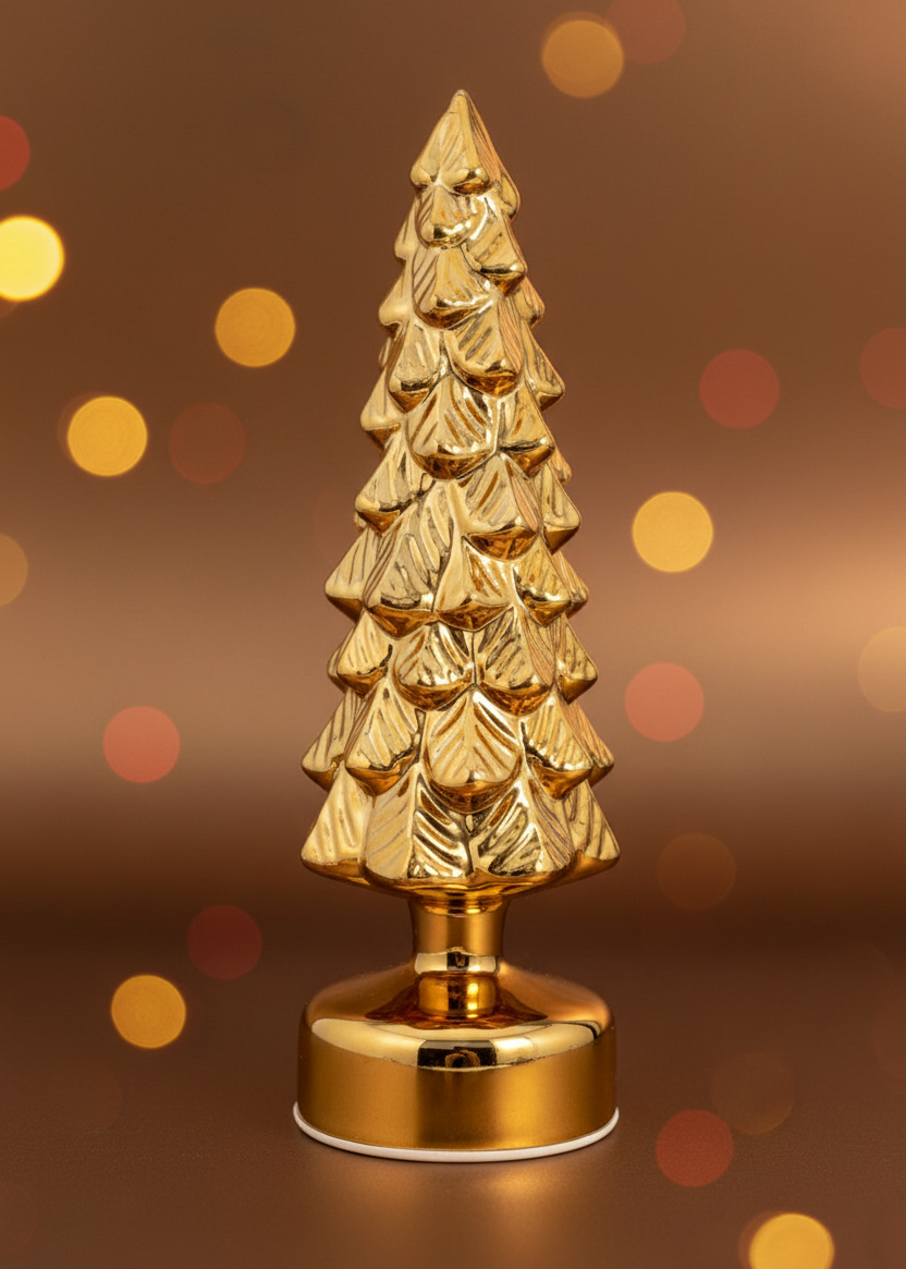 A small metallic gold Christmas tree ornament with a textured, layered pine design on a matching round base