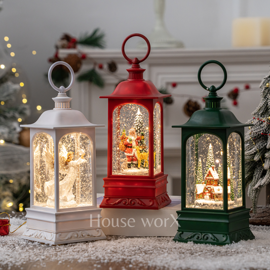 Three decorative lanterns with Christmas scenes inside, on a snowy surface with a festive background.