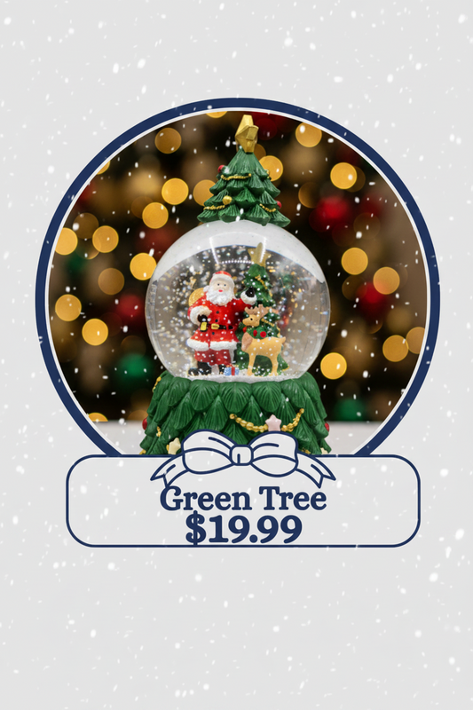 A Christmas snow globe figurine featuring Santa Claus and a reindeer inside a clear sphere, set on a green tree-shaped base with a small gold star topper. The product is shown with a decorative label below reading 'Green Tree $19.