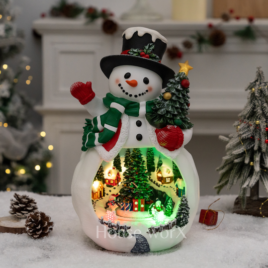 Decorative snowman with a lit scene inside, surrounded by Christmas trees and lights.