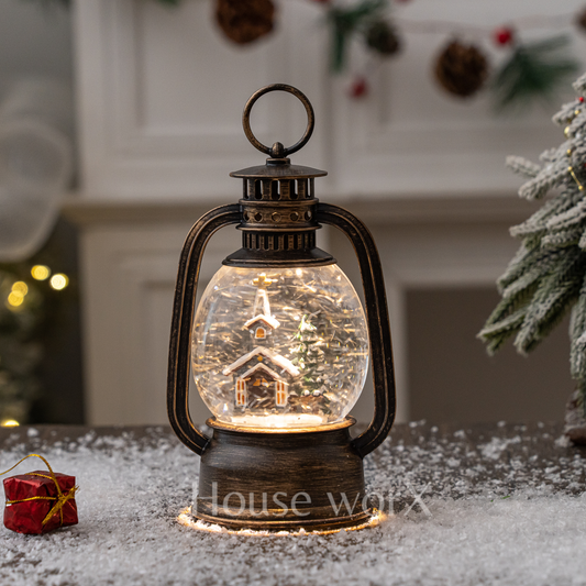Decorative lantern with a glowing interior scene, placed on a surface with a festive background.