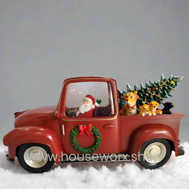 pick_up_truck_red_with_puppies christmas snow globe