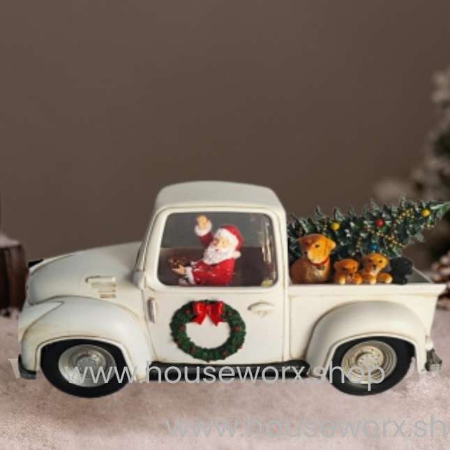 pick up truck white christmas snow globe