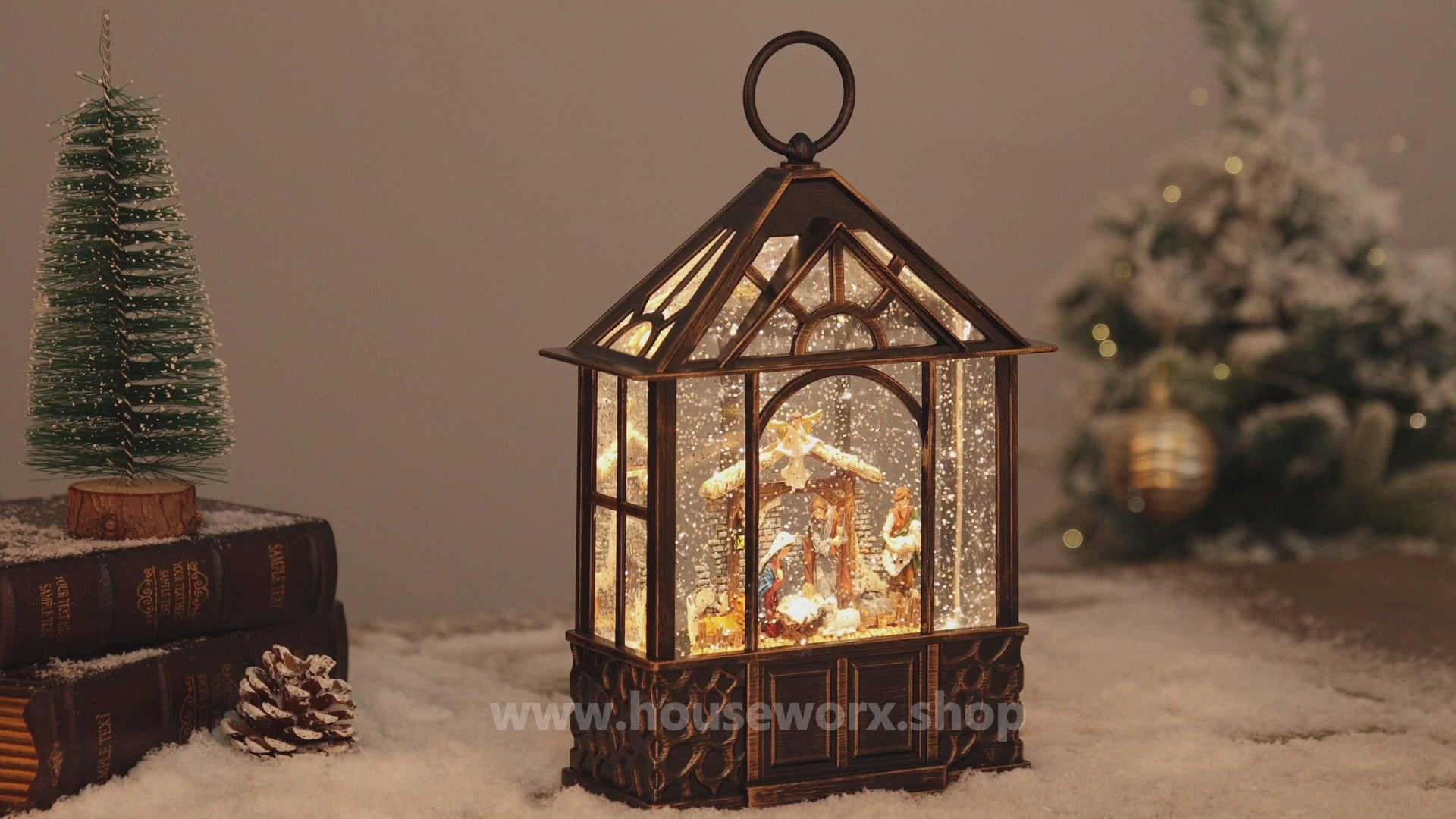Stable christmas snow globe nativity video