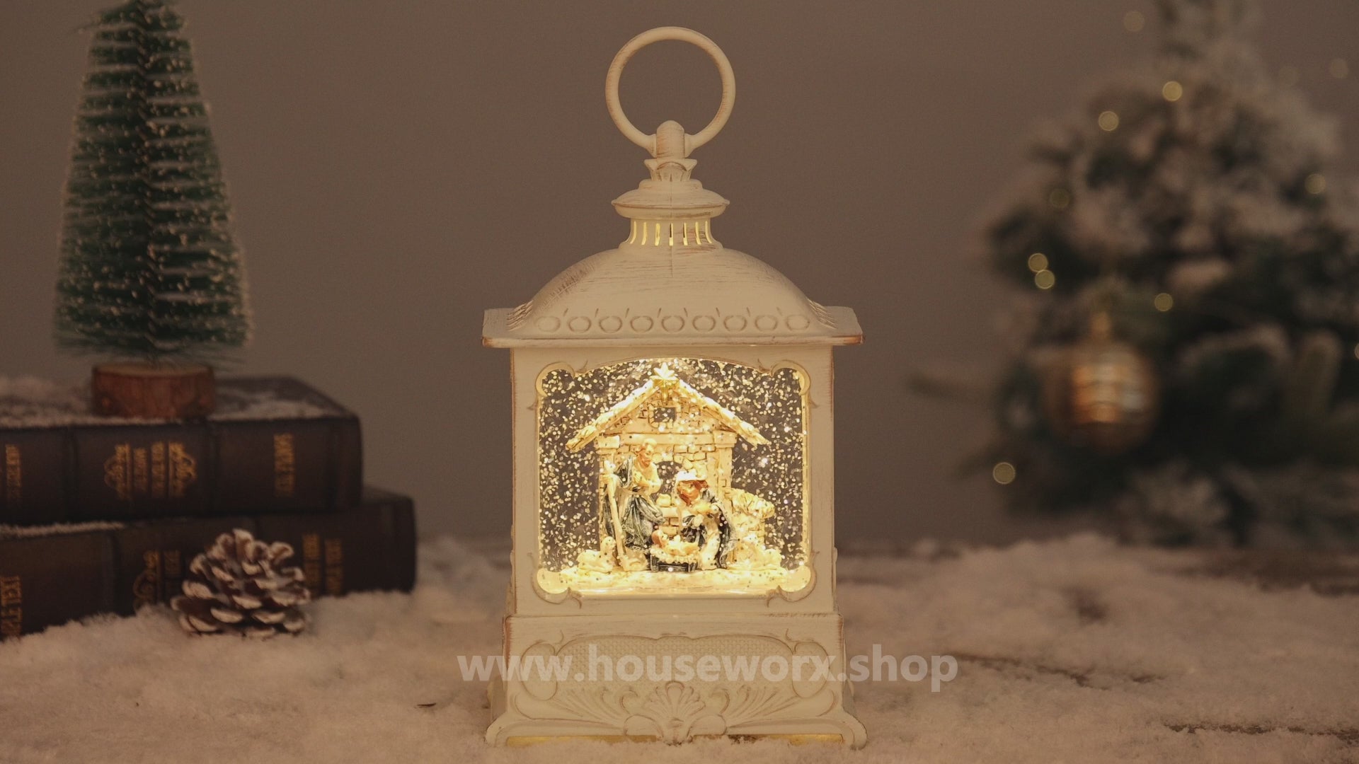 European christmas snow globe nativity video