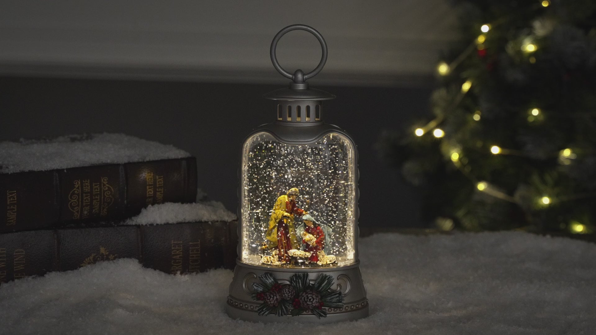 Ornate bell collection snow globe nativity video