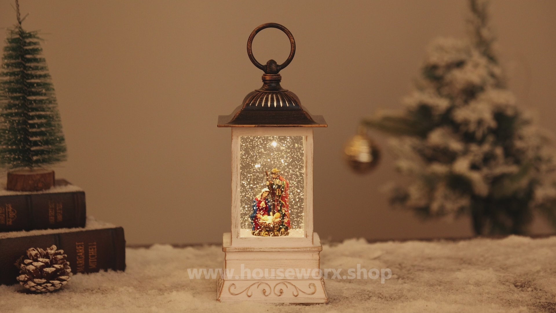 Wind Christmas snow globe nativity video