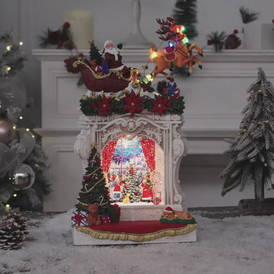 Decorative Christmas scene snow globe with Santa Claus, reindeer, and fireplace on a decorative background video.