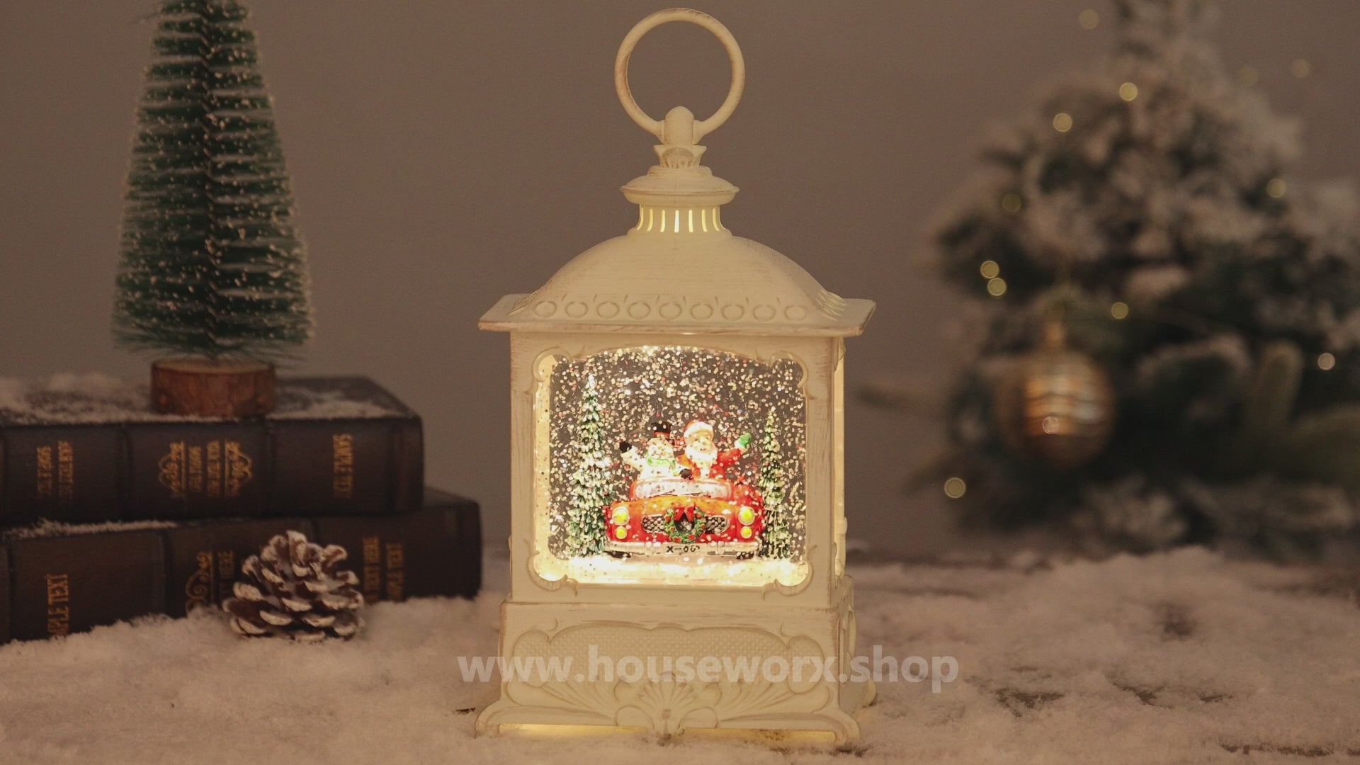 European christmas snow globe santa/car video