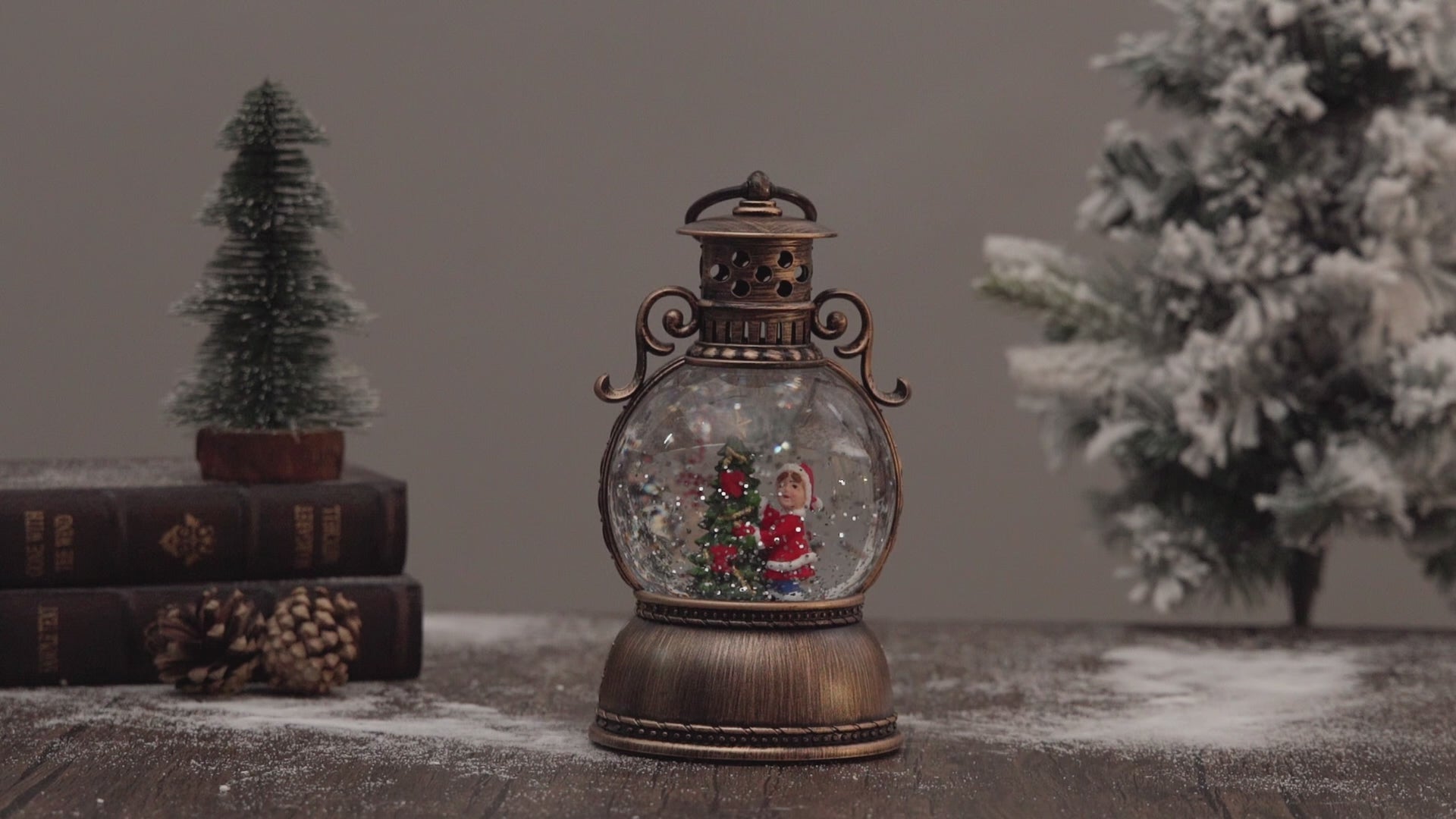 Vintage camp lantern christmas snow globe  child/christmas tree vdeo