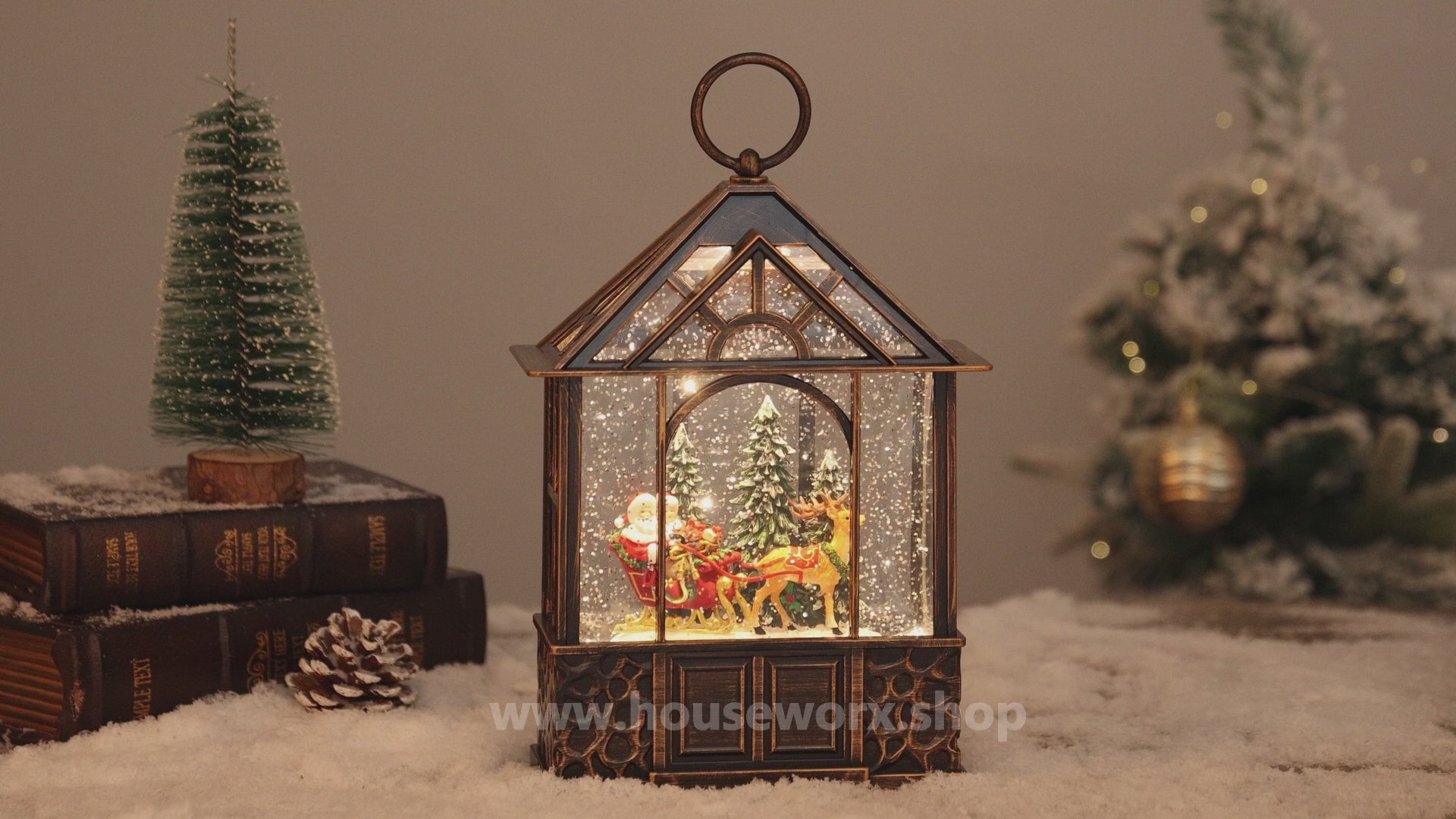 stable christmas snow globe santa video