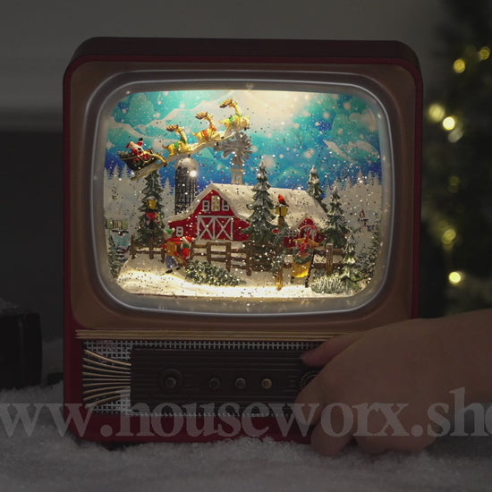 Retro television barn christmas snow globe video