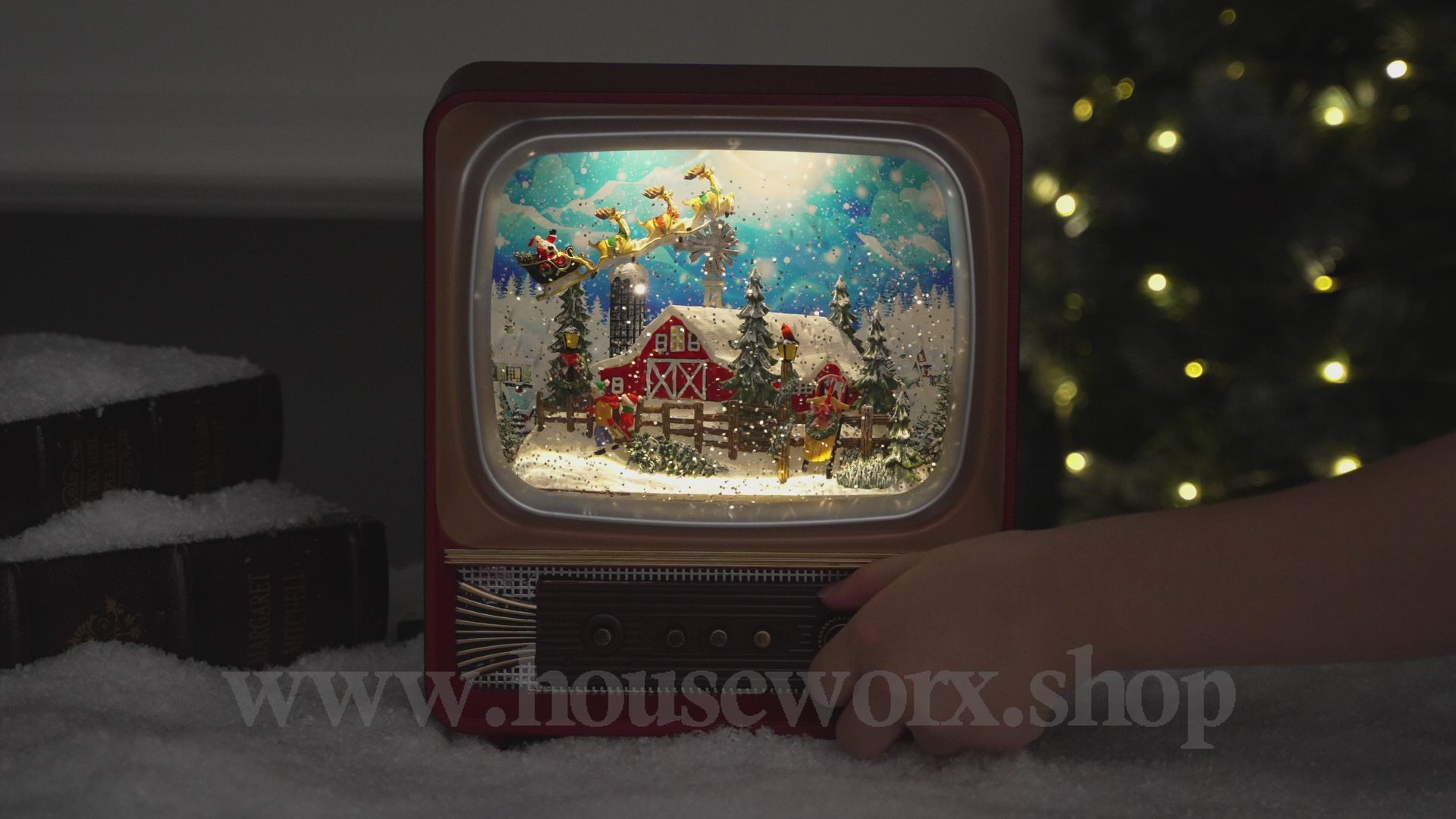 Retro television barn christmas snow globe video