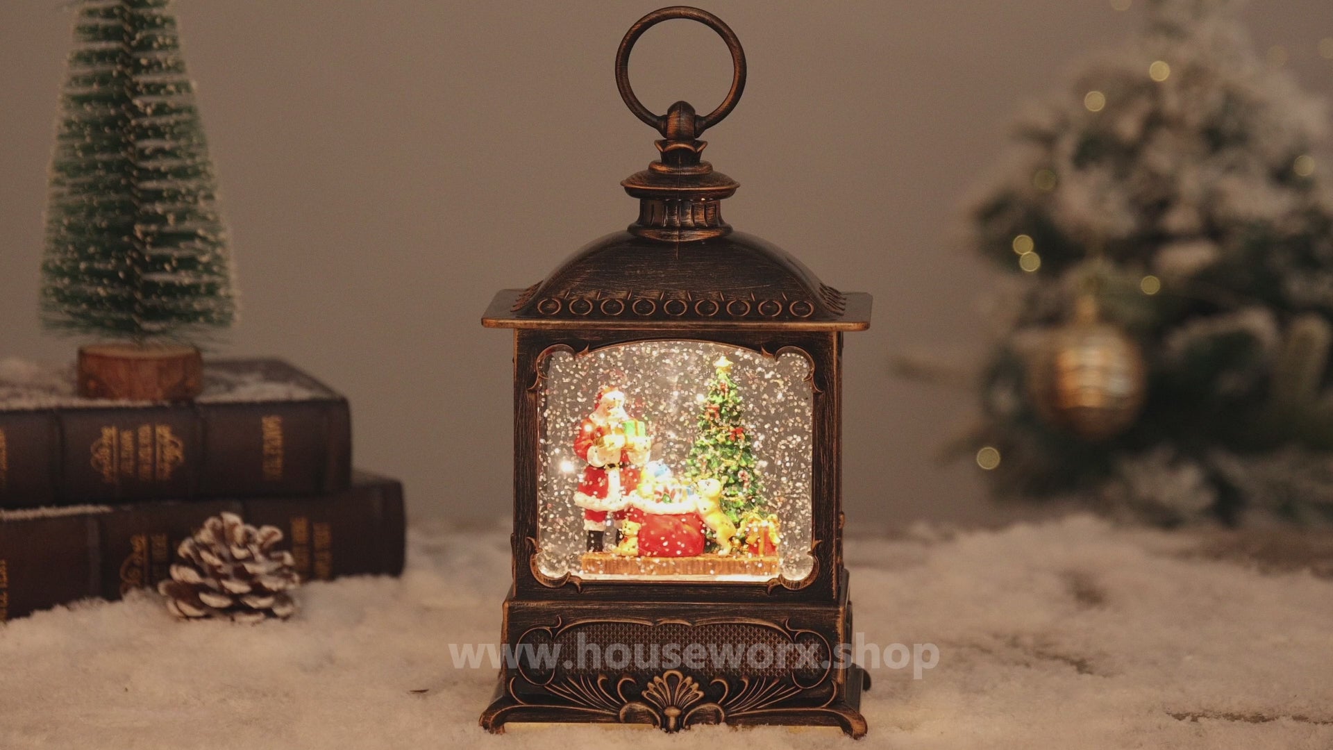 European Christmas snow globe santa and dog video