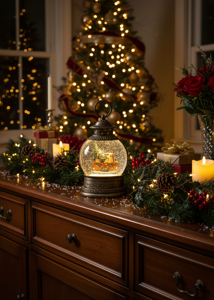 A lit decorative lantern snow globe sits on a dark wood cabinet in a cozy holiday setting, with a blurred Christmas tree, candles, pinecones, and red berries in the background.