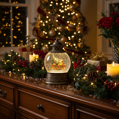 A lit decorative lantern snow globe sits on a dark wood cabinet in a cozy holiday setting, with a blurred Christmas tree, candles, pinecones, and red berries in the background.